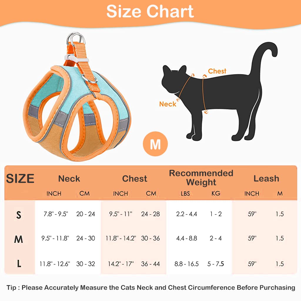 Qpets Cat Harness with Cat Leash for Walking, Adjustable Soft Sturdy Faux Suede Escape Proof Kitten Vest Harness and Leash with Reflective Strip for Large Medium Small Cat(Green, Orang, M)