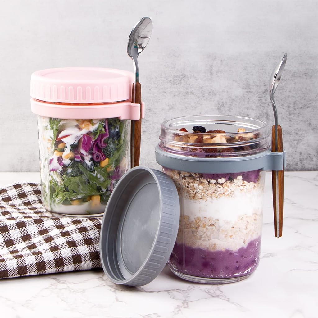 Supvox 4 Pack Cereal Bowl Glass Cereal Bowl with Lid & Spoon Cereal Bowl Spoon Combo, 350ML Glass Cereal Bowl Oats Jar Overnight Oats Cup Food Containers for Fruits, Jam, Foods