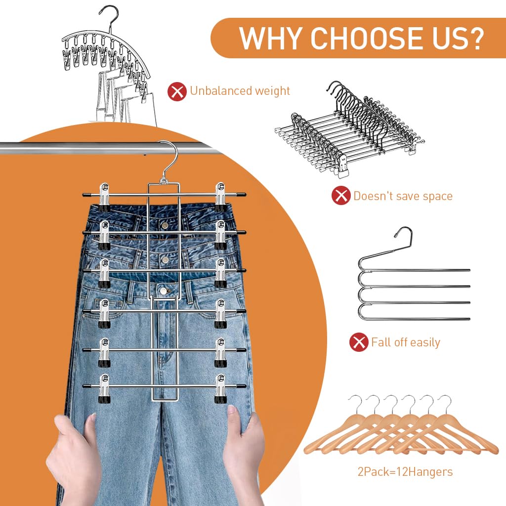 HASTHIP 2 Pack Hangers, Pants Hangers- 6 Tiers Skirt Hangers with 360° Swivel Hook, Hangers Space Saving Hanging Closet Organizer with Clips, Closet Organizers and Storage -Clothes Hangers