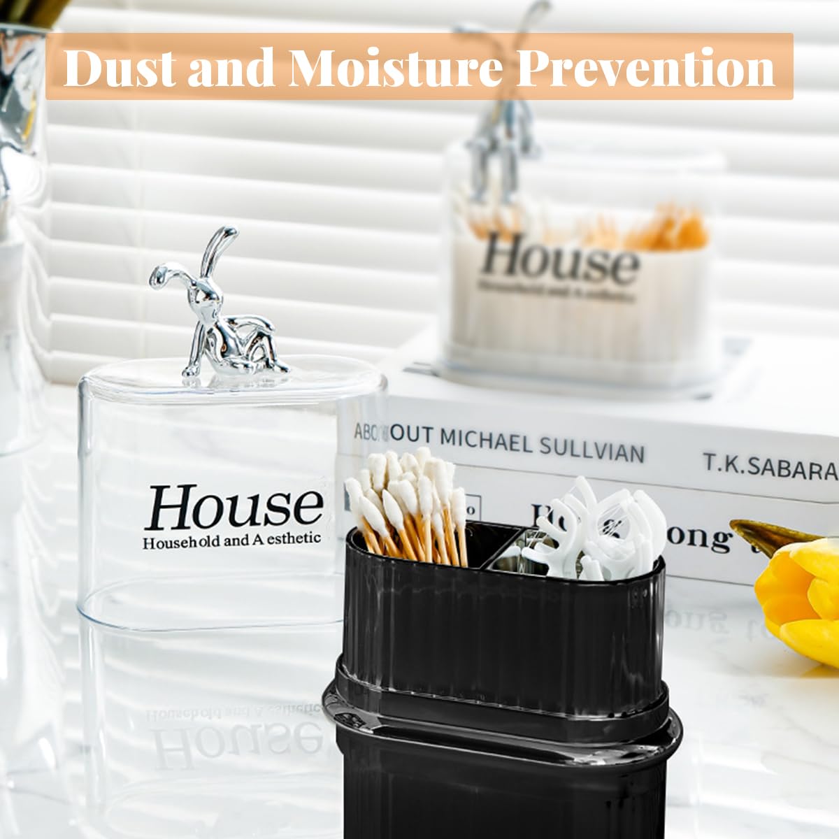 MAYCREATE Cotton Swab Holder, 2 Grids Cotton Ball Box with Lid, Cosmetic Storage Case for Cotton Ball, Cotton Swabs, Floss, Makeup Pads