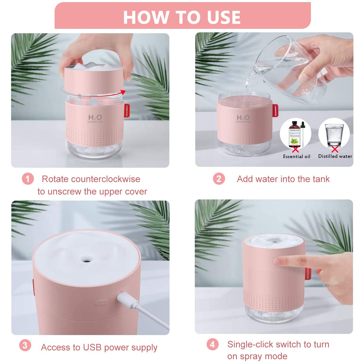 HASTHIP Humidifier for Room Moisture 500ML 26dB Air Humidifier for Bedroom Ultrasonic Cool Mist Car Humidifier with Atmosphere Light Desktop Humidifier Office Bedroom Auto Shut-Off with 2 Spray Mode