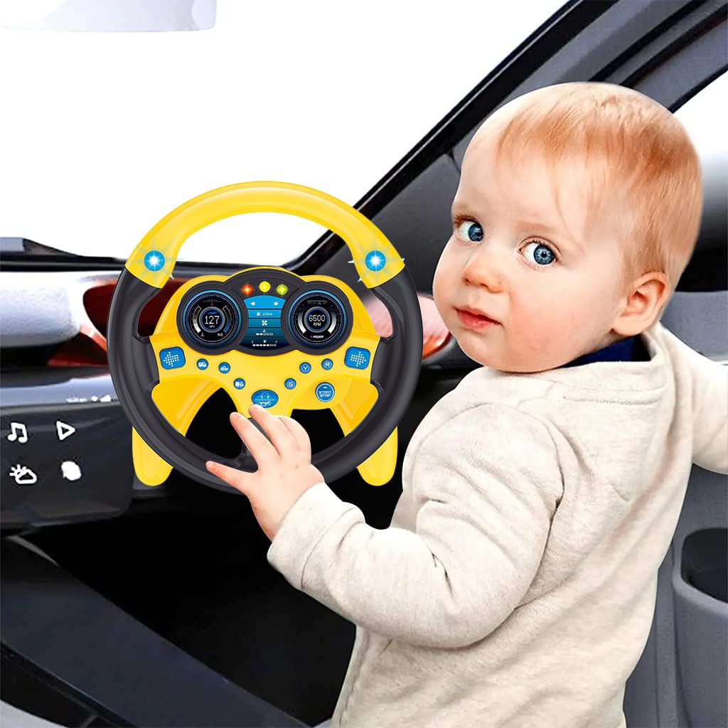 PATPAT Steering Wheel Toy for Kids, Music Driving Simulation Racing Play Learning Educational Toys for Baby Girls Boys 1-3 Years Old, Music Toy for Baby Steering Wheel Mountable on Crib (Yellow)