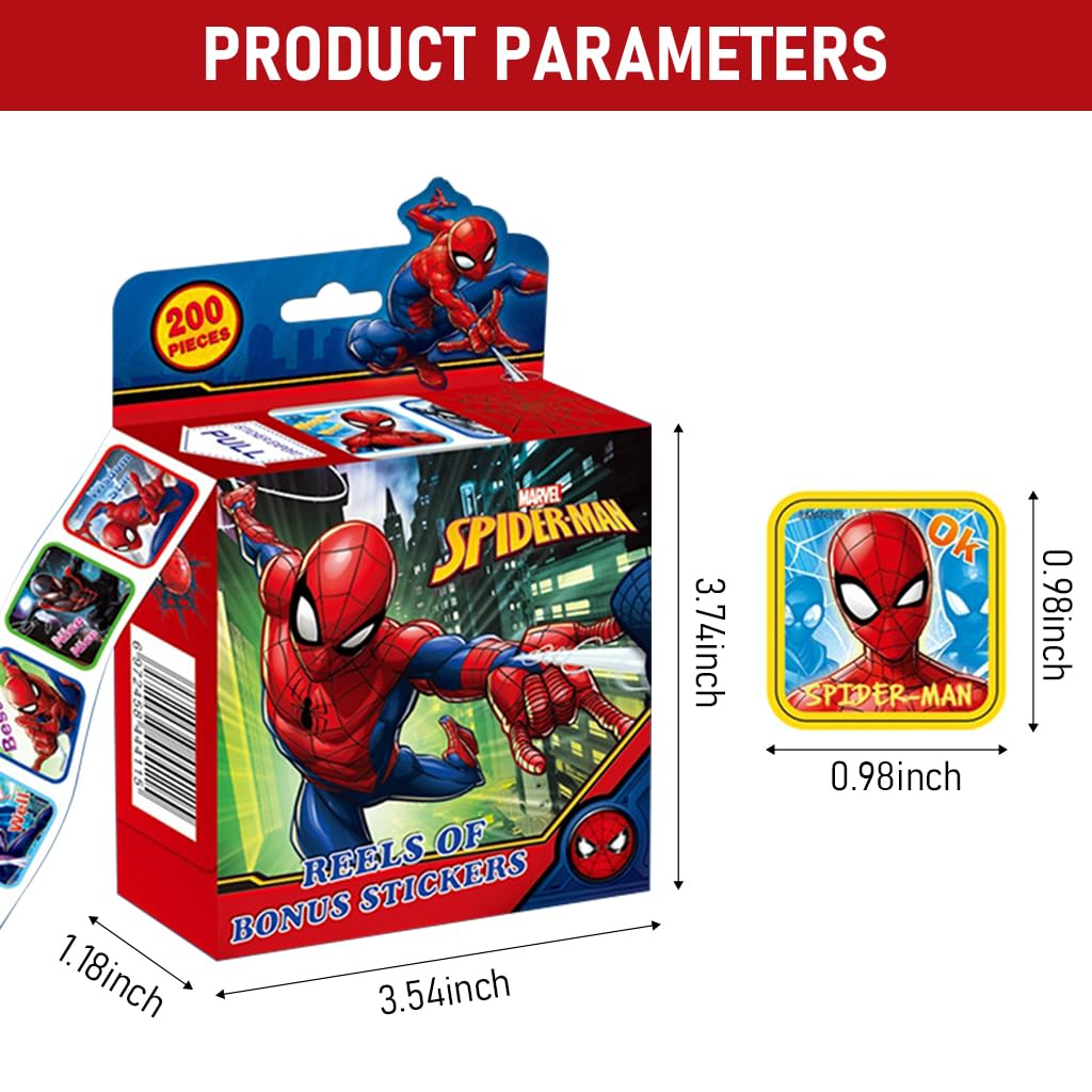 HASTHIP 200Pcs Spider Man Stickers for Kids Rewards, 0.98 inch Spiderman Cartoonish Sticker of 10 Patterns, Party Bag Fillers Boys Girls Teachers as Reward Craft Scrapbooking in Box Gift Set