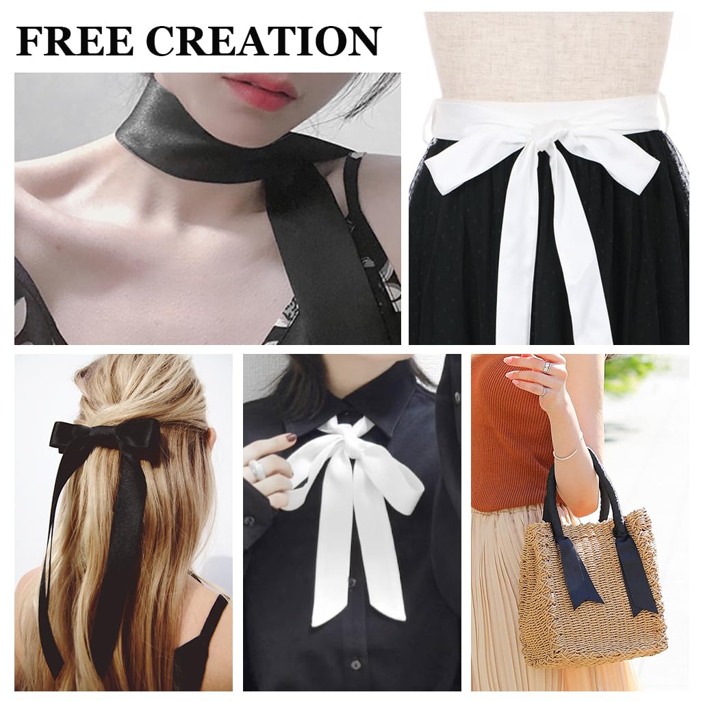 PALAY Chiffon Sash Belts Black and White Set of 2pcs Chiffon Sash Belts Luxury Silk-touch Waist Belt Dress Sash Belt for Dresses, Blouses, Evening Dress, 1.5 inches x 125 inches