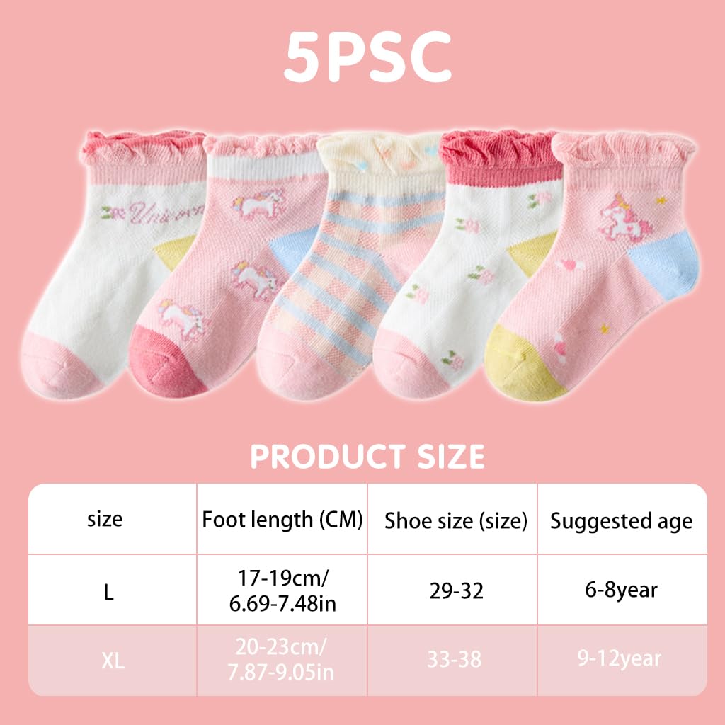 PALAY 5 Pairs Kids Socks Girls Socks Breathable Cotton Mesh Socks Home Socks Cartoon Unicorn Cotton Socks for Girls 9-12 Years Old