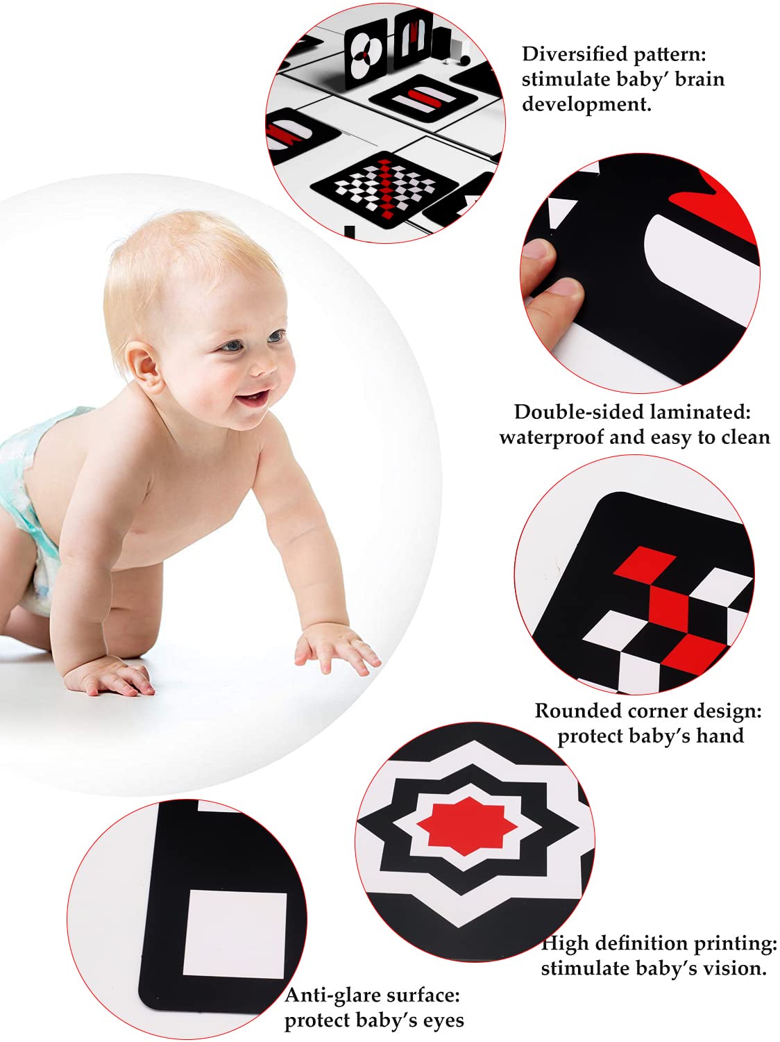 SNOWIE SOFT Black RedFlash Cards for Infants, 16 Pictures 5.5 x 5.5 Inch Designed Contrast Cards for Newborn Baby Toys with High Contrast (3-6 Months)