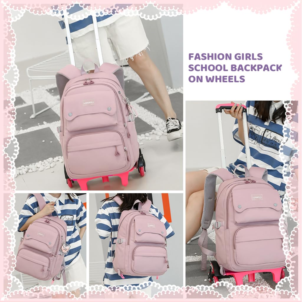 PALAY School Backpack on Wheel Travel Backpack on Wheel with Retractable Pull Handle Girls School Backpack Detachable Wheel Stand with Puller Fashion Large School Bag for Primary Gift School Backpack