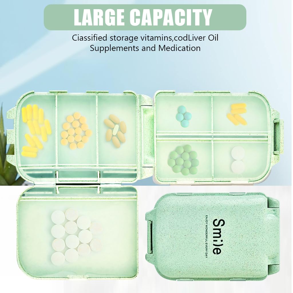 HANNEA Pill Organizer Box, Folding Design Weekly Pill Case Organizer with 8 Compartments, Portable Travel Pill Box for Pocket Purse Medicine Vitamin Holder Container