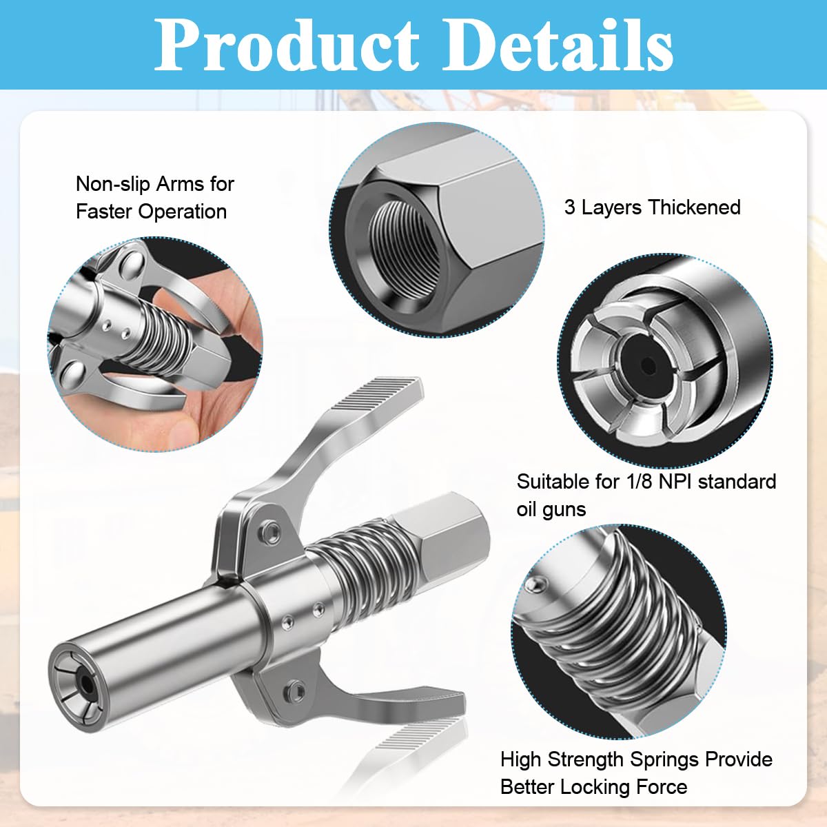 STHIRA Grease Gun Coupler, 6 Jaws Metal Dual Handle Grease Coupler Secure Locking Zerk Fittings Coupler 10000 PSI Quick Release Metal Grease Gun Coupler for All Grease Gun 1/8