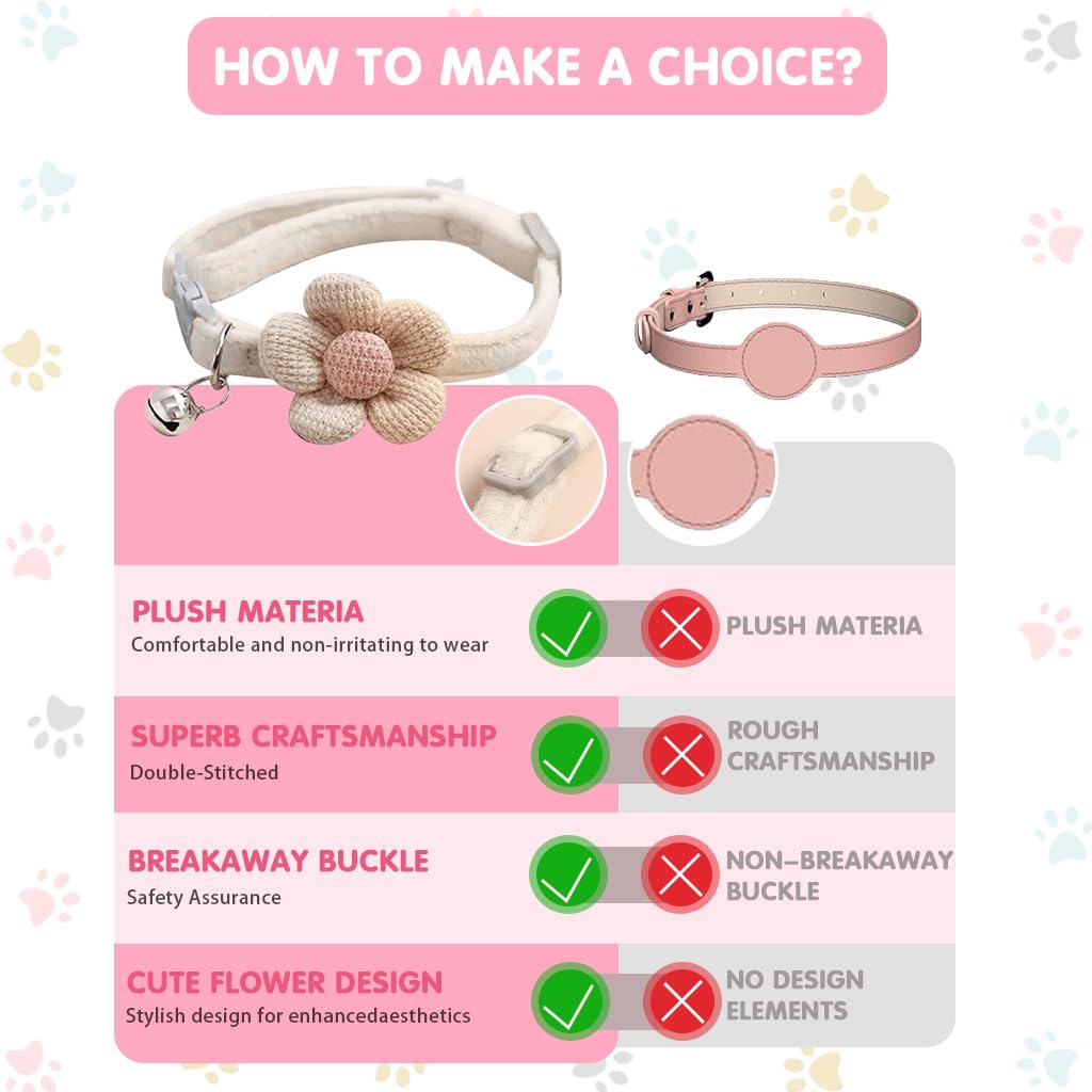 Qpets Cat Collar, Pet Collar Cute Flower Cat Collar with Bell, Lovely Cat Collar Quick Release Adjustable Cat Collar Soft Plush Collar Cat Gift, Pink