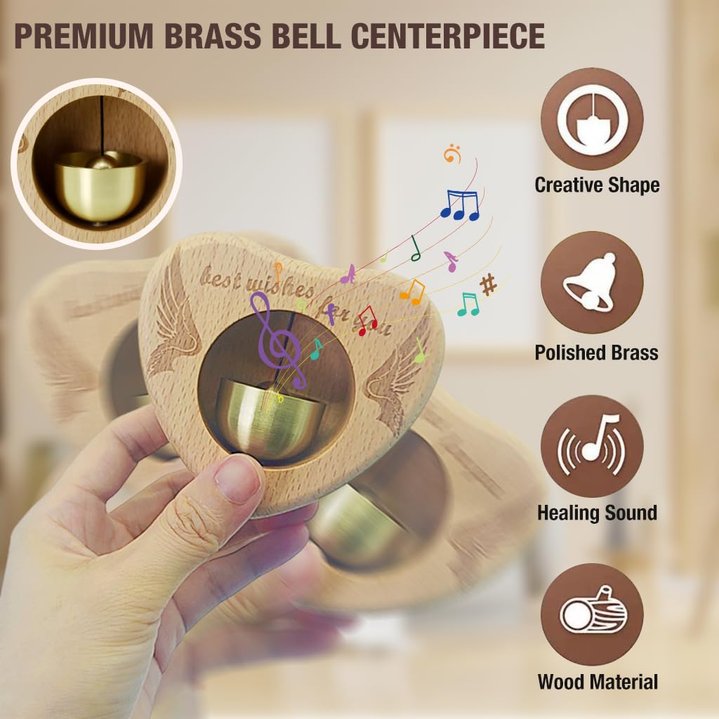 HASTHIP Wooden Door Chime with Brass Bell - Heart-Shaped Beech Wooden Door Chime, Self-Adhesive Magnetic Doorbell for Home & Shop, Shopkeepers Door Chime