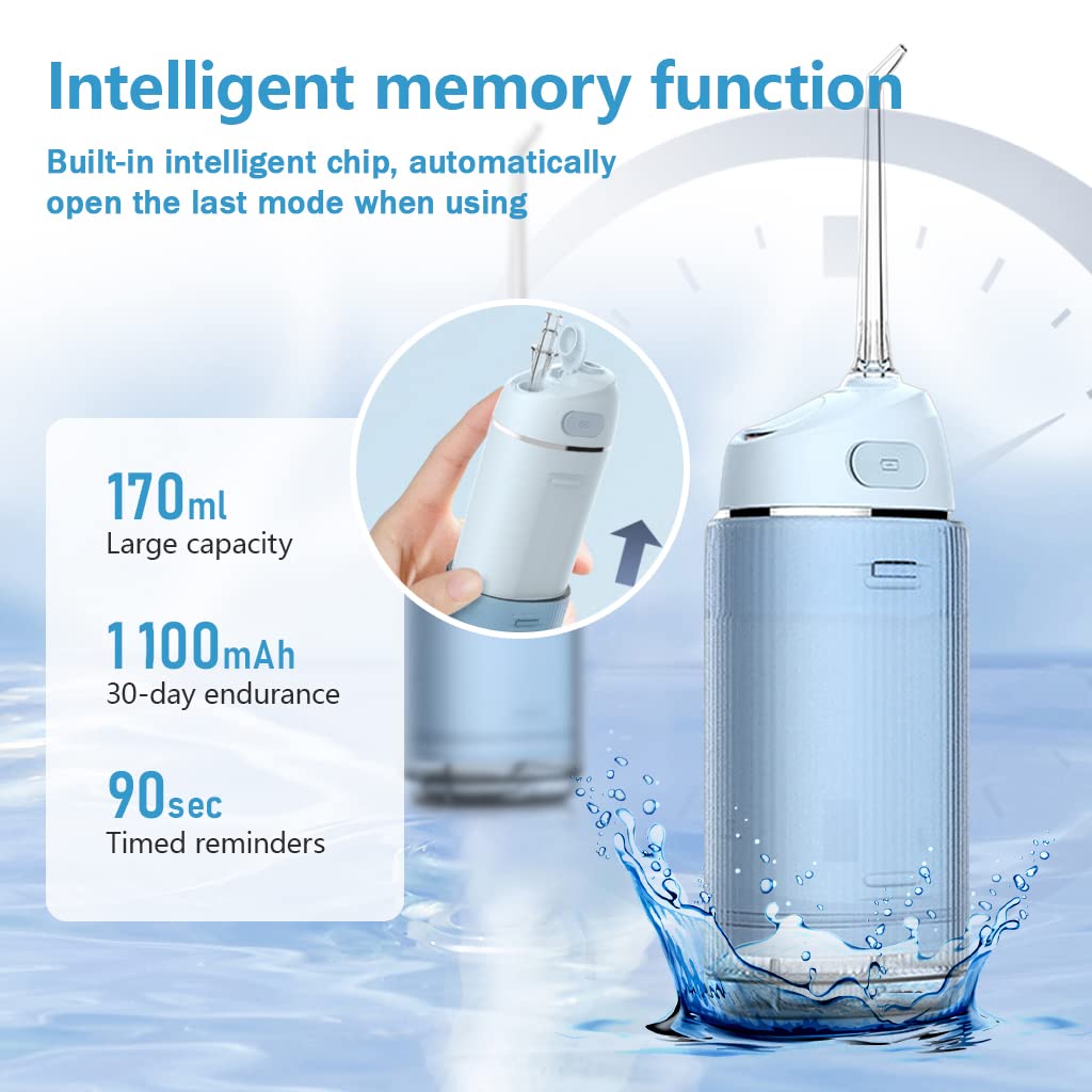 HANNEA Rechargeable Water Dental Flosser Cordless Portable 170ml Dental Cleaner High Frenquency Water Dental Flosser with 3 Modes, 4 Jet Tips, 90s Timing Function, IPX7