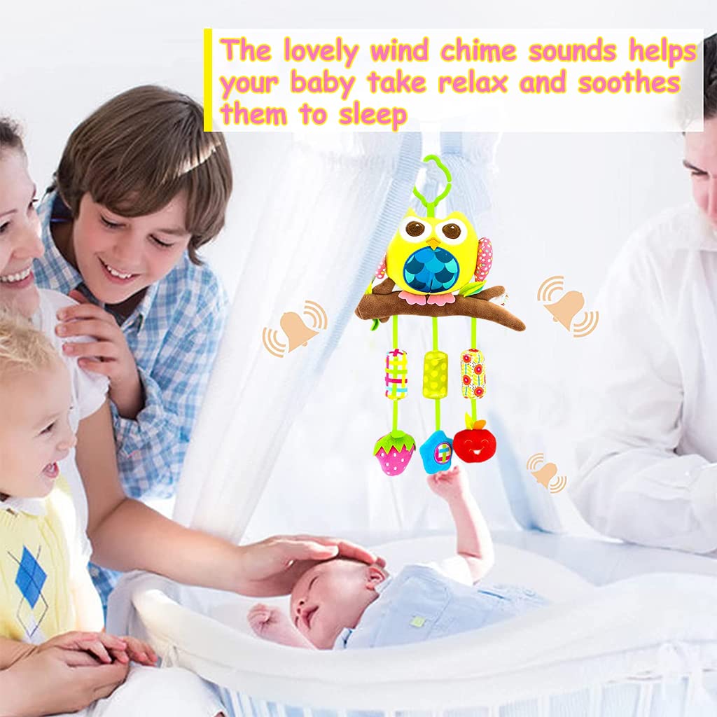 PATPAT Hanging Toys for Babies 0-6 Months, Rattle Crinkle Squeaky Toy Car Seat Plush Stroller Toy with Teethers Plush Animal C-Clip Ring for Infant Babies Boys and Girls 3 6 9 to 12 Months -Owl