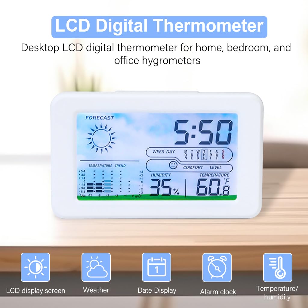 HASTHIP LCD Digital Thermometer Hygrometer Backlight LCD Digital Temperature Battery Operated Hygrometer with Weather Stataion, Alarm Clock, Desk Thermometer Hygrometer for Home, Office