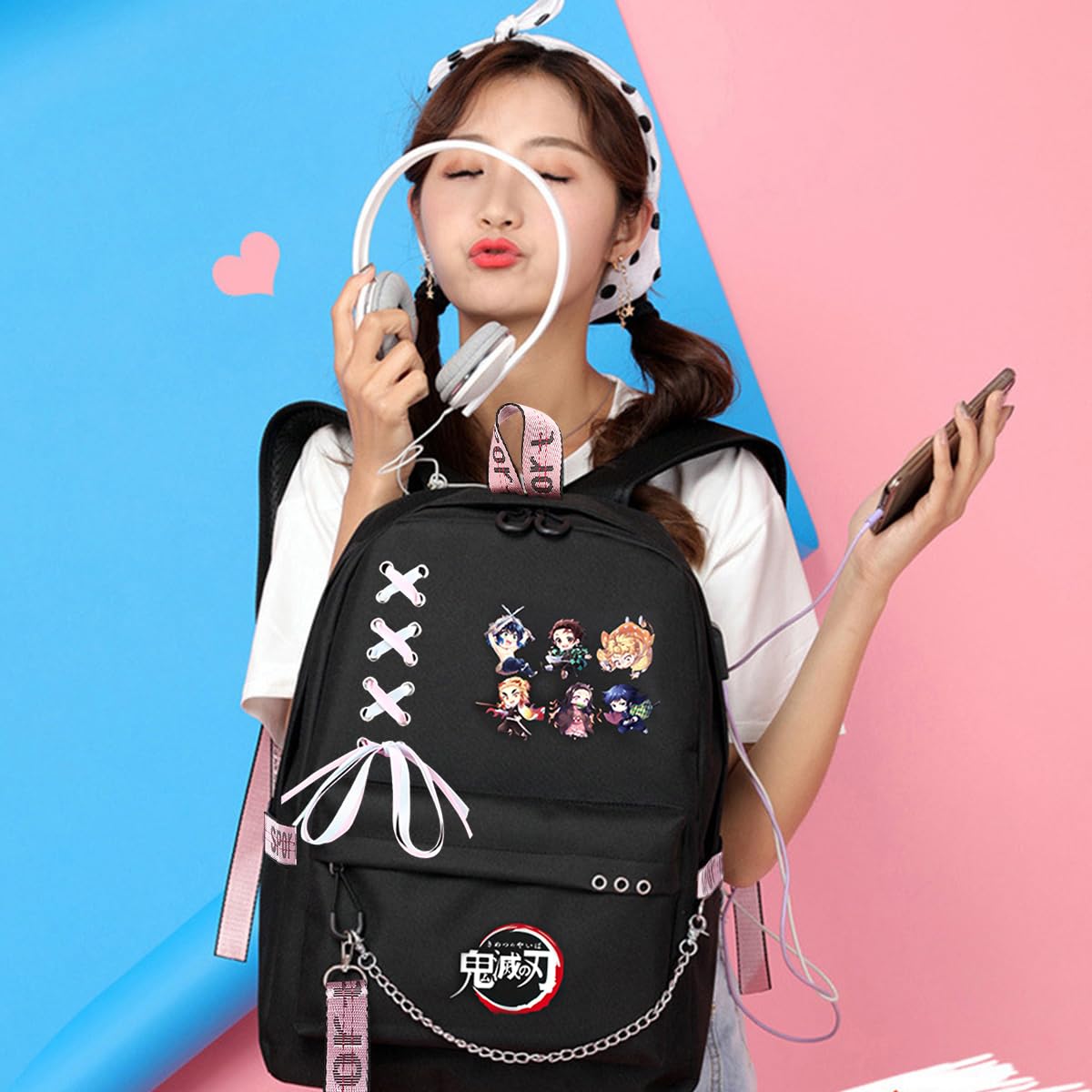 PALAY Demon Slayer Anime Backpack with USB Charging Port and Headphone Jack, Girls Large Travel Backpack 14 Inches Laptop Bag Cartoon Anime Print Backpack School Gift for Kids (Black)