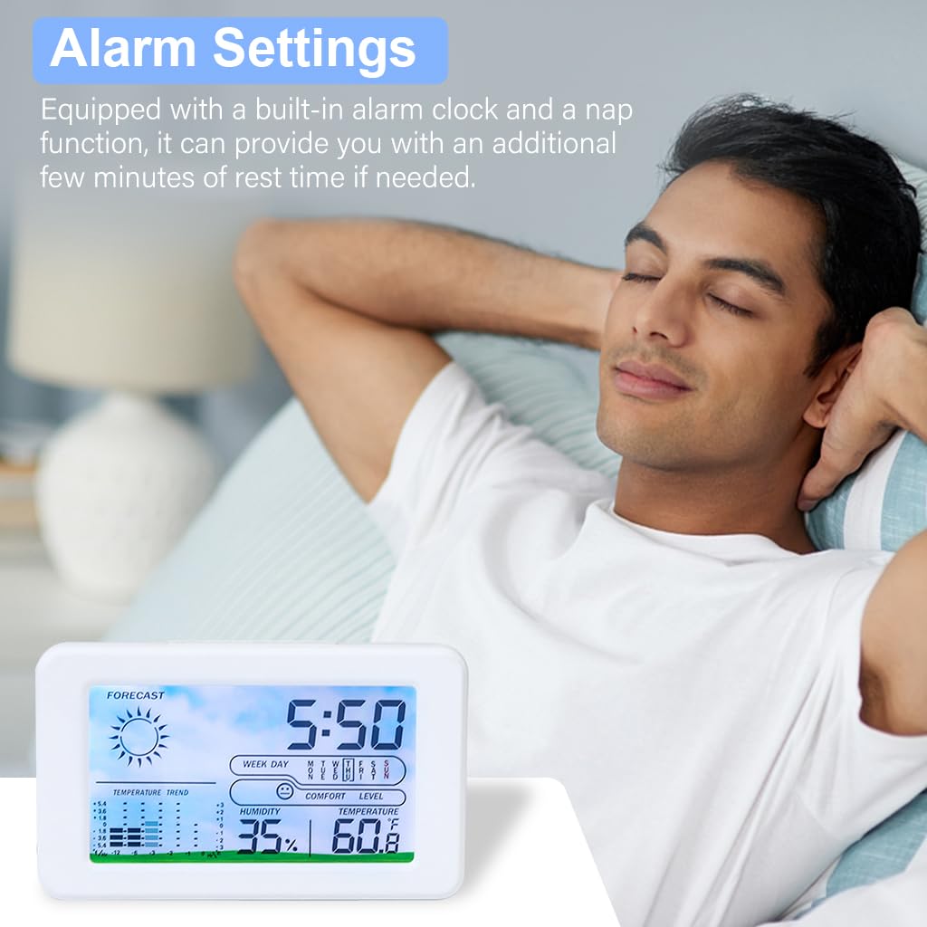 HASTHIP LCD Digital Thermometer Hygrometer Backlight LCD Digital Temperature Battery Operated Hygrometer with Weather Stataion, Alarm Clock, Desk Thermometer Hygrometer for Home, Office