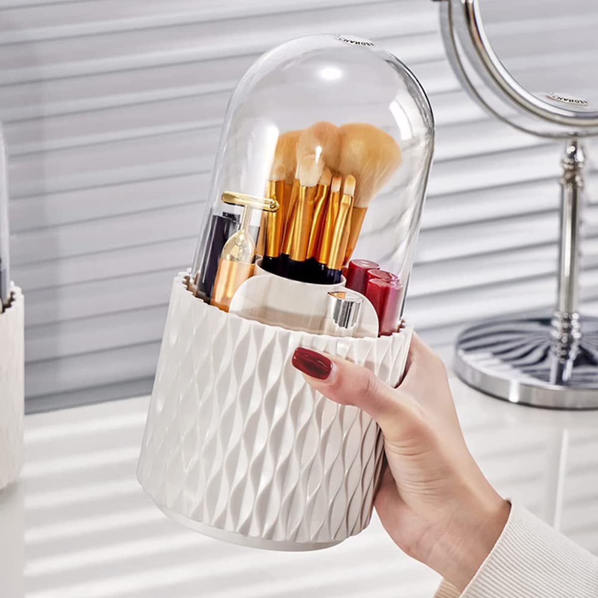 MAYCREATE Makeup Brush Holder Organizer With Lid, 360° Rotatable 4-Grid Cosmetic Makeup Brushes Storage Case Stand For Vanity Or Bathroom - Dustproof & Waterproof, White, Plastic