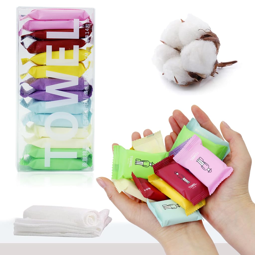 HANNEA 14pcs Compressed Towel Tablet Travel Compressed Cotton Towel Face Towel Reusable Cotton Towel Tablets Multipurpose Compressed Towel Tablets, 9.5X11.8 Inches