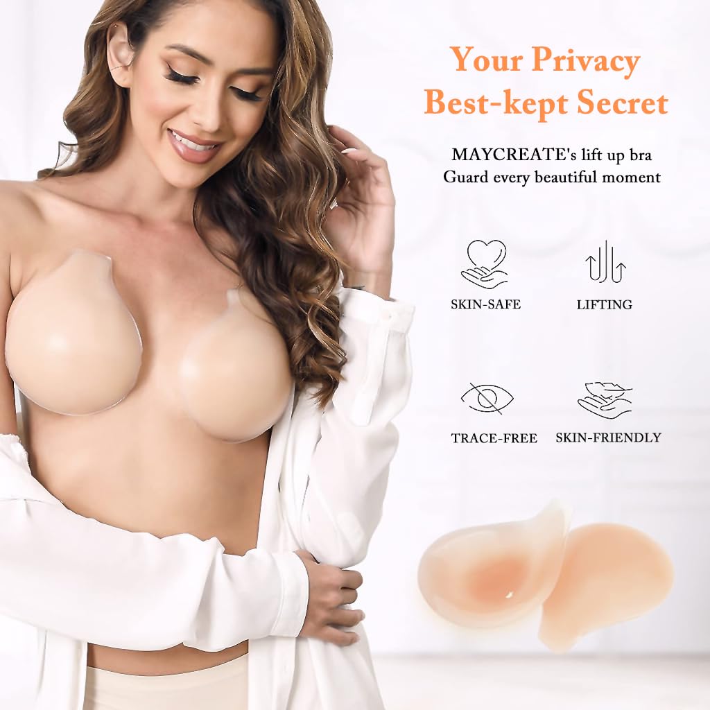 MAYCREATE Adhesive Bra, Strapless Sticky Bra Push Up Invisible Lift Up Bra Reusable Invisible Silicone Bra Stick on Bra Adhesive Backless Strapless Push Up Bras, L, Beige