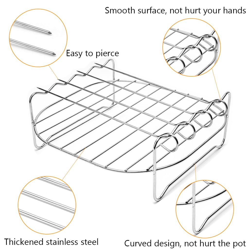 Supvox Air Fryer Grilling Rack Skewers Combo Stainless Steel Grilling Rack with 4pcs Stainless Steel Skewers, Double Layer Grilling Rack with Handle Fits Most 4.2QT Air Fryer
