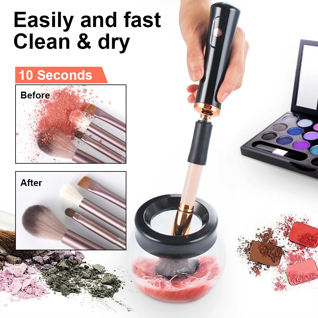 MAYCREATE Makeup Brush Cleaner and Dryer Machine, 2-in-1 Electric Cosmetic Automatic Brush Spinner with 8 Size Rubber Collars, Wash and Dry in Seconds, Suit for All Size Brushes