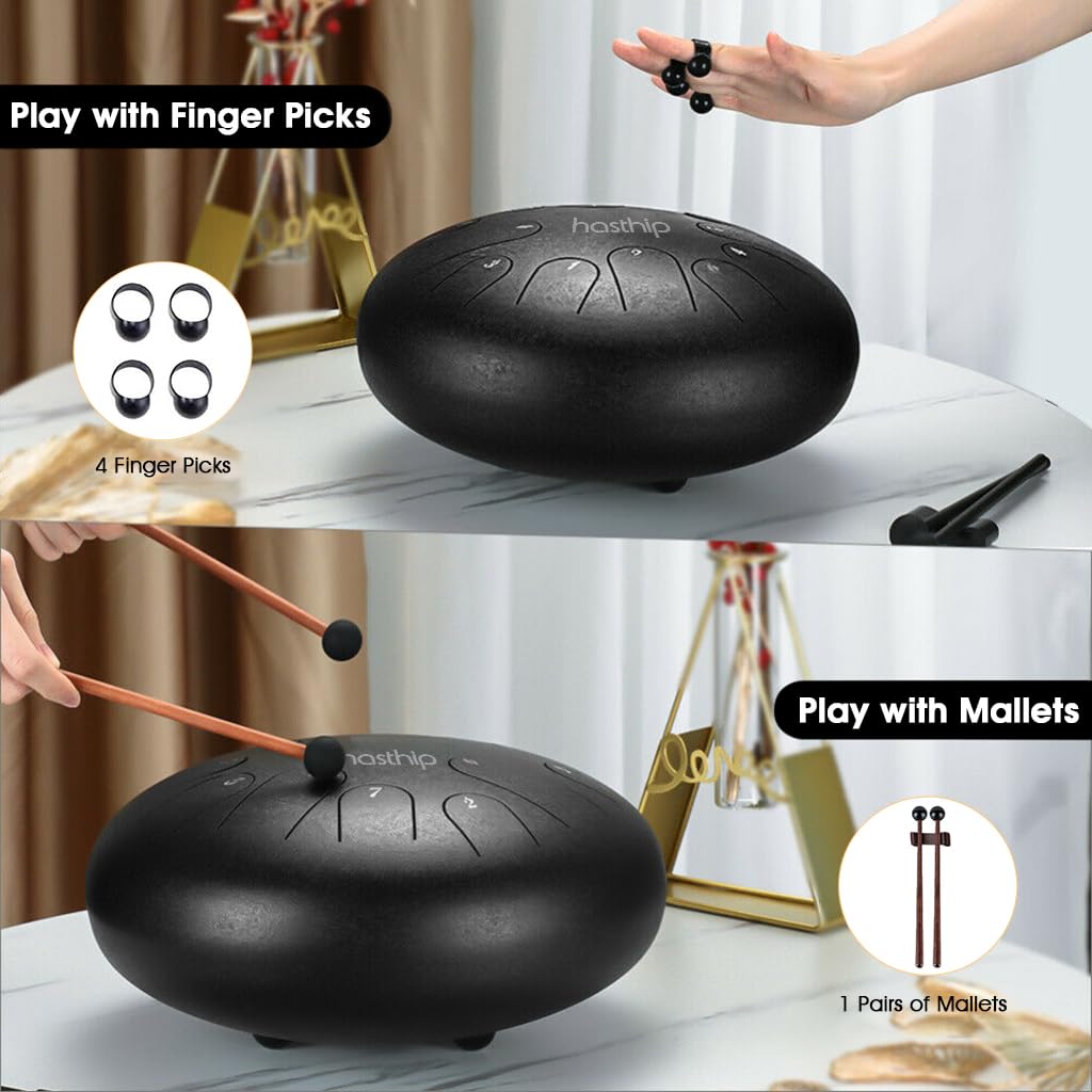 HASTHIP Steel Tongue Drum 8 Note, 6 inch Percussion Instrument Handpan Drum with Bag, Music Book and Mallets for Kids and Adults Meditation Musical Education Concert Mind Healing Yoga (Black)