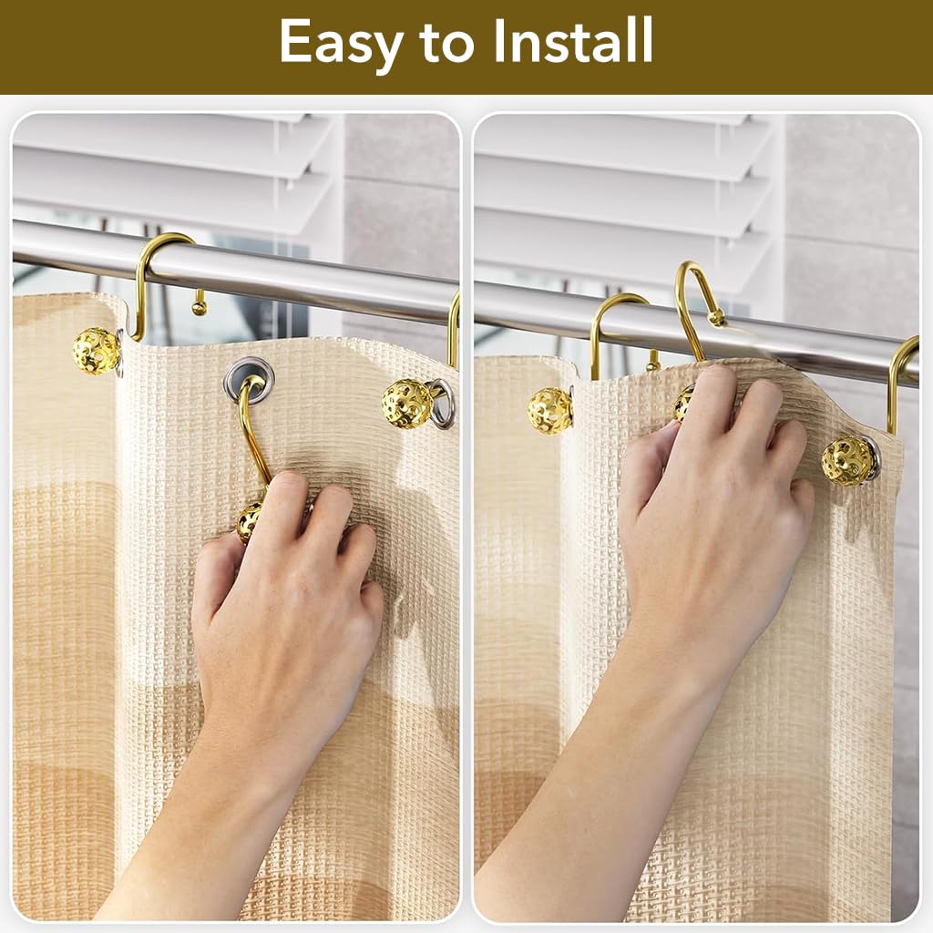 HASTHIP 12Pcs Bathroom Shower Curtain Hooks Modern Golden Hollow Out Ball Shower Curtain Hooks for Home Decor Open Hanging Shower Curtain Hooks Universal Bathroom Shower Curtain Hooks