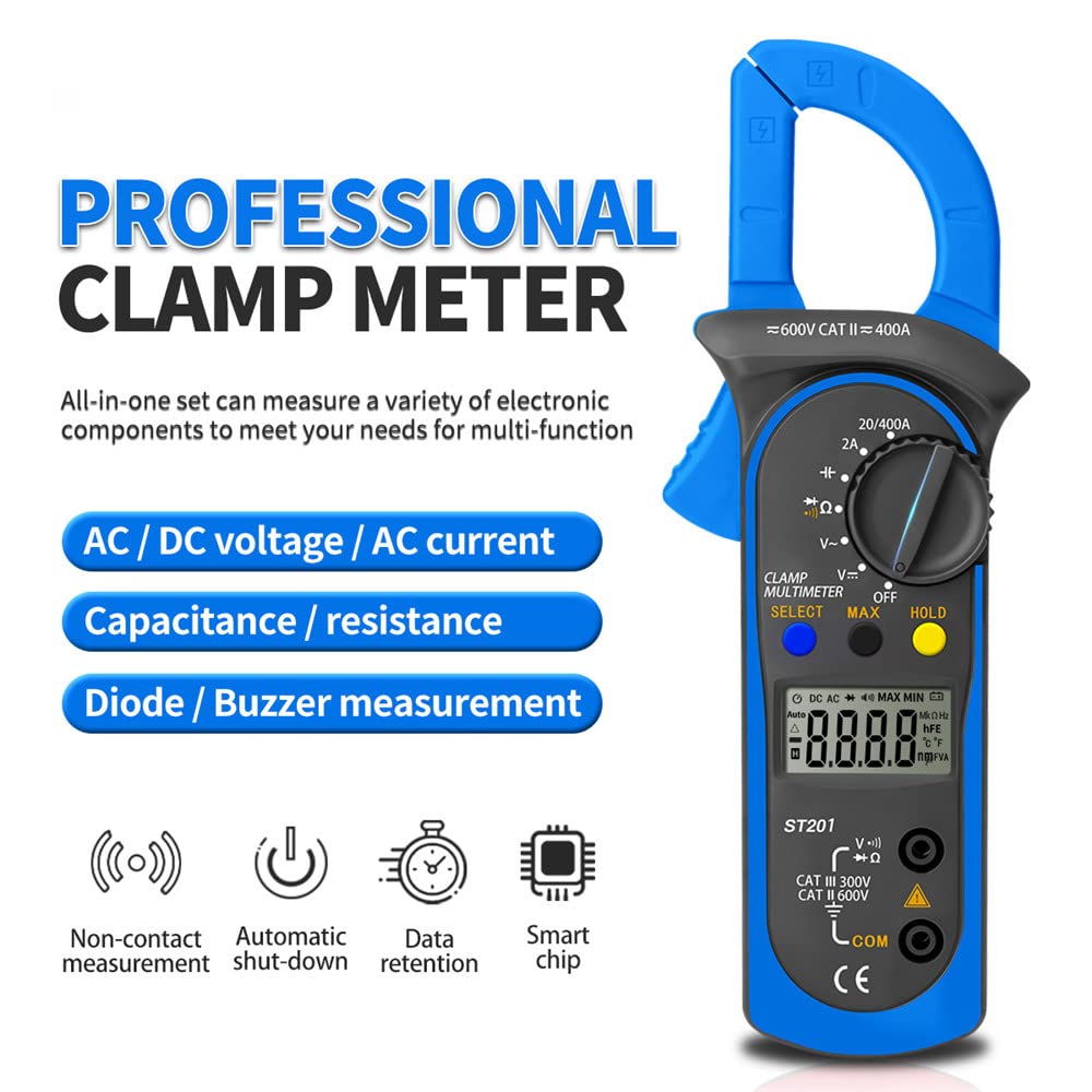 Supvox ST201 Clamp Multimeter and Smart Digital Multimeter with Test Leads & Zip Bag, Resistance Ohm Transistor Testers AC Current Voltage Frequency Resistance Capacitance Diode Tester