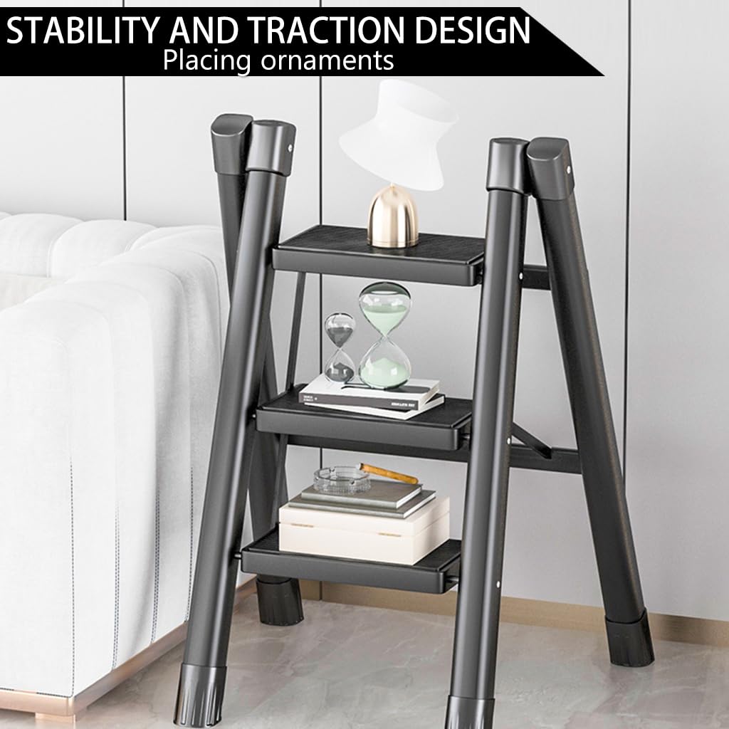 HASTHIP 3 Step Ladder Carbon Steel Foldable Ladder 330lbs Load Capacity 3 Step Ladder for Home, Step Ladder for Home Use, Folding Step Stool with Anti-Slip Pedal, Plant Pot Ladder Holder