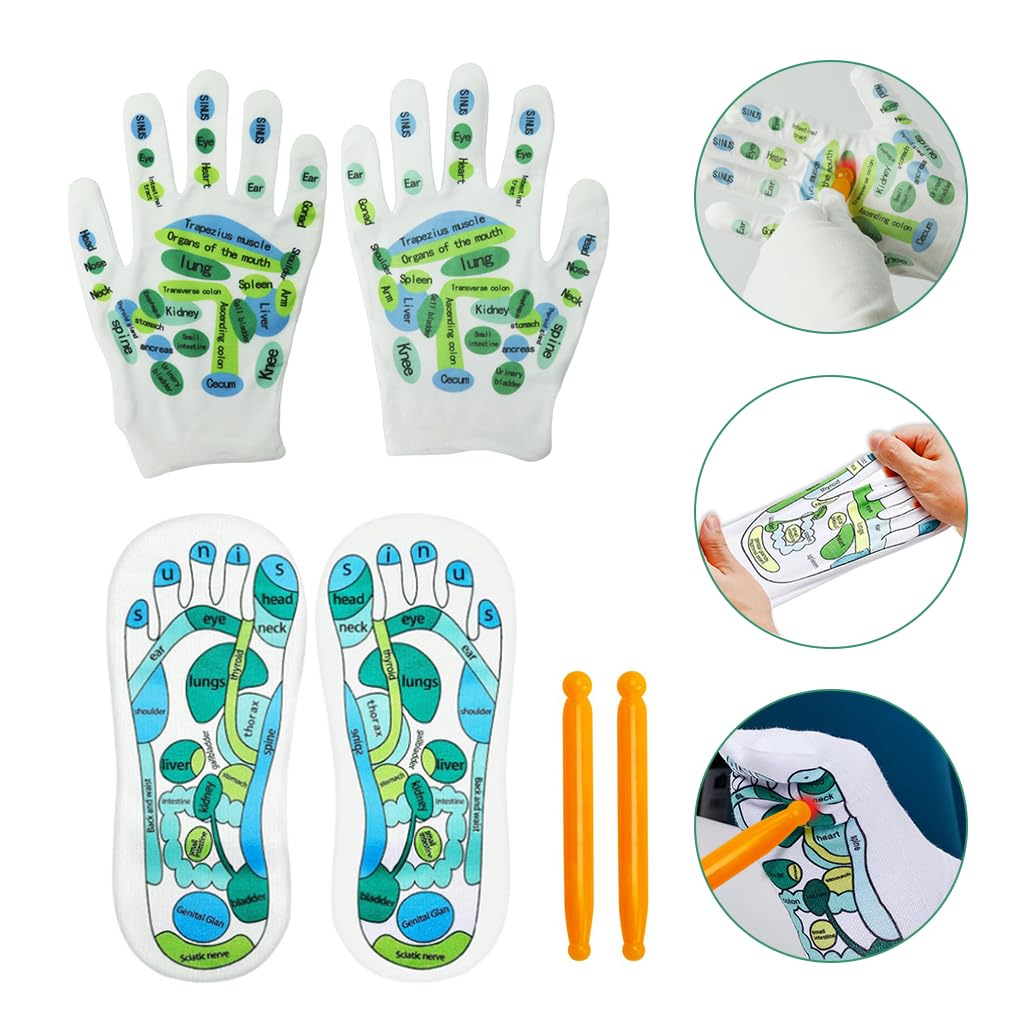 HANNEA 4PCS Reflexology Socks and Gloves Tool Set, Reflexology Tools Massage with Point Massager Tools Hand Spa Reflexology Sock Five Toe Separate Socks for Women and Men Tired Relieve