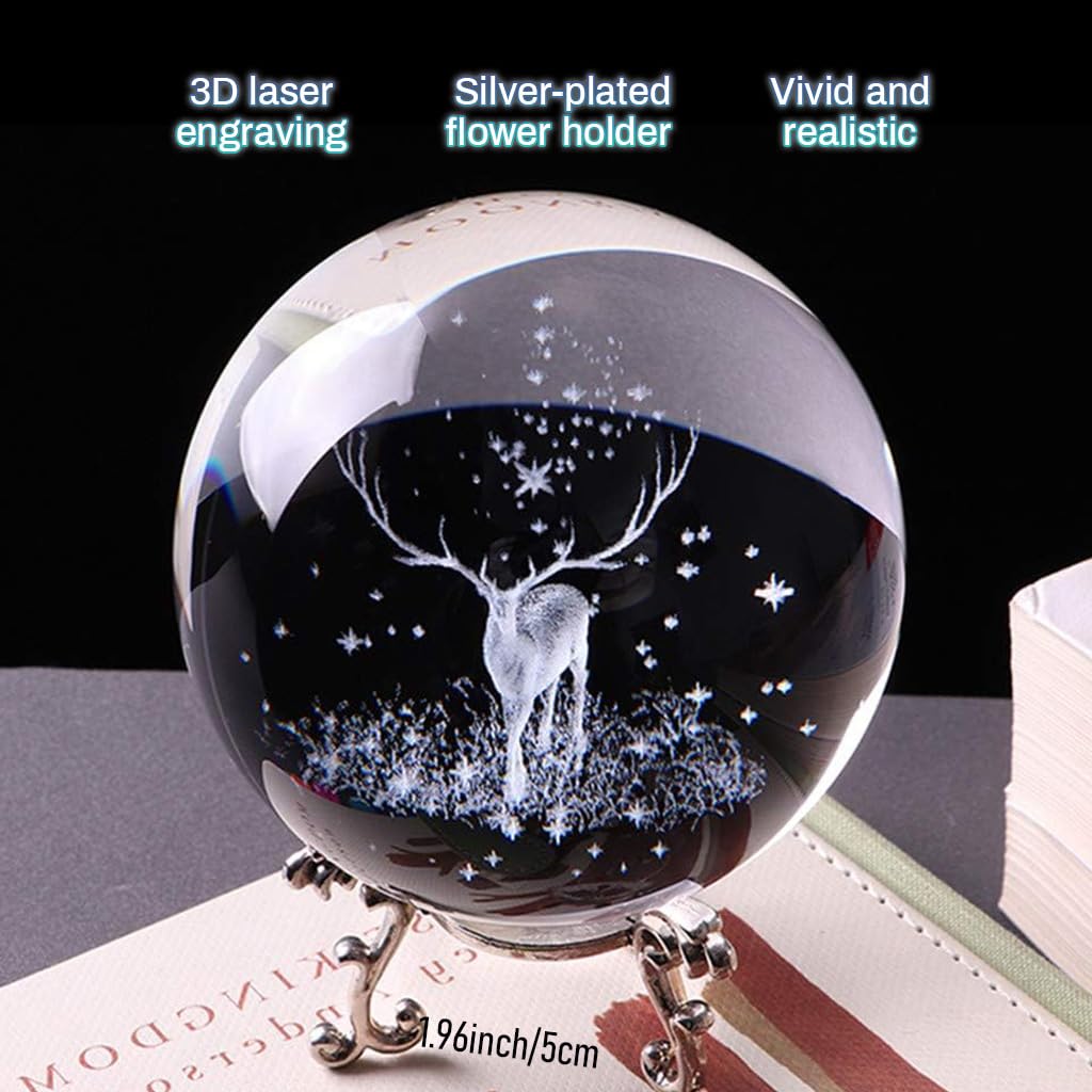 HASTHIP 6cm 3D Inner Christmas Deer Crystal Ball, Glass Sphere Laser Engraved Ball with Sliver-Plated Flowering Stand, Christmas Home Decor Desk Ornament Birthday Gift Festival Gift