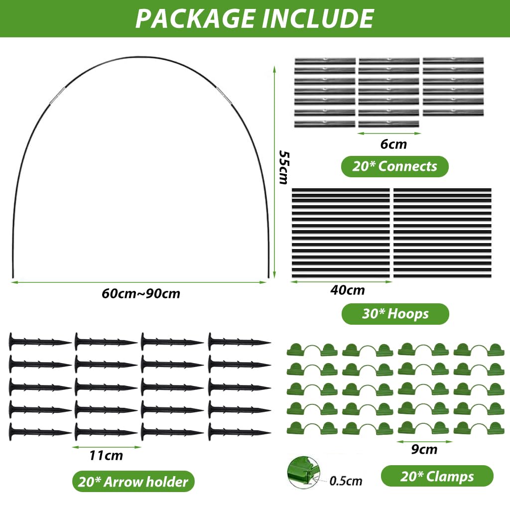 HASTHIP 30Pcs Greenhouse Hoops Kits for Greenhouse, Vegetable Land with Assemble Kit, Reusable Rust Free Grow Tunnel Hoops Frame for for Vegatable Land, Garden, Planting Land