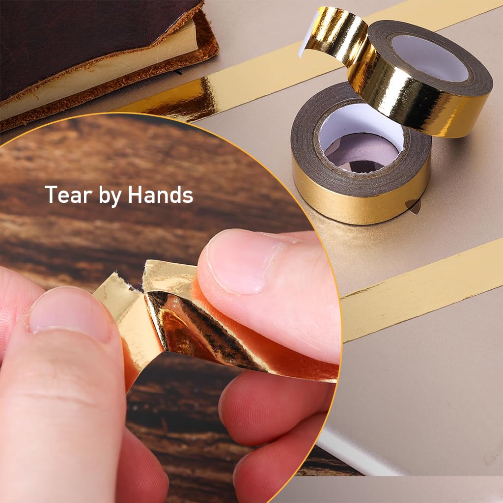 HASTHIP 2 Rolls Crafting Tape Golden Foil Washi Tape Scrapbooking Tape Decorative Masking Tape Metallic Golden Washi Masking Tape Self Adhesive Washi Tape for DIY Crafts, 15mm x 5m