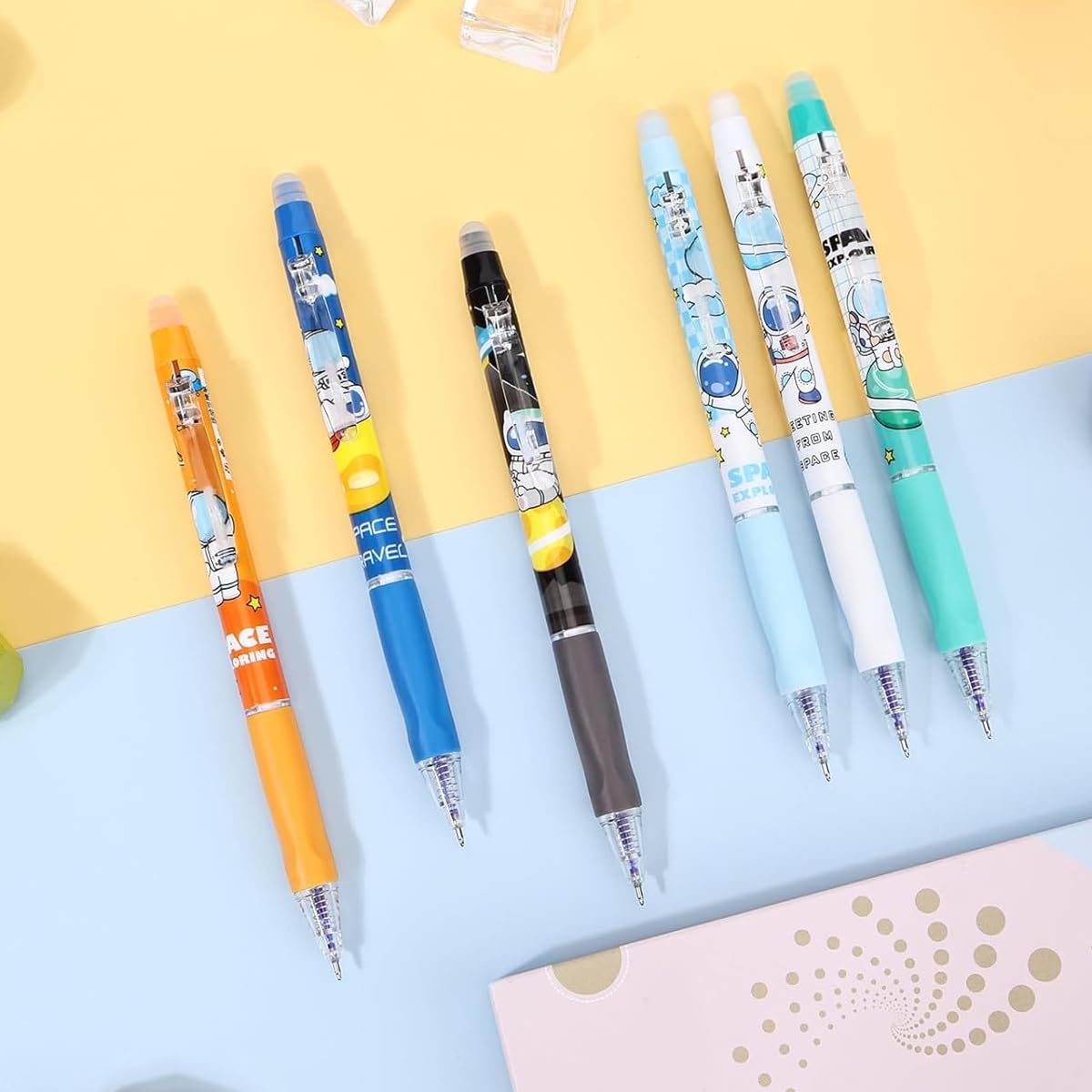 HASTHIP 6Pcs Erasable Pens with Rubber Eraser Cap Earsable Clip Pen 0.5mm Thickness Thermo-sensitive Erasable Pens Child-friendly Rubberized Grip Cartoon Erasable Pens for Writing, Drawing, Sketching