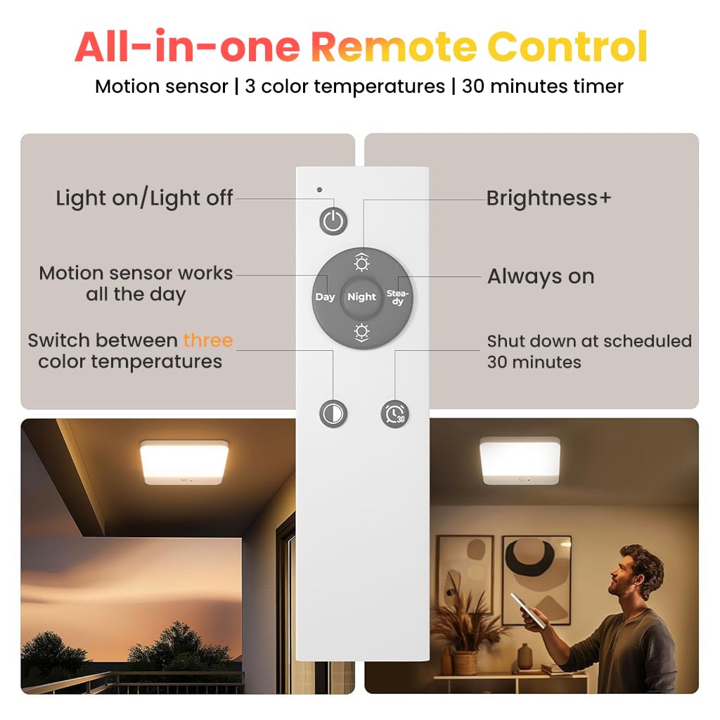 ELEPHANTBOAT® Magnetic Wall Lamp Ceiling Light with 3-Color LED, Smart Motion Sensor, Remote Control, USB Rechargeable 4000mAh Battery, Room Light for Bedroom, Cabinets, Hallway, Room