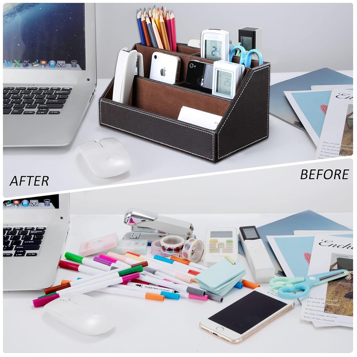 Climberty Pu Leather Desk Organizer with 5 Compartments Holder, Multi-Functional Office Supplies Storage Caddy for Pen/Pencil, Phones, Remote Controller and Desktop Accessories Brown (24x13.5x12cm)