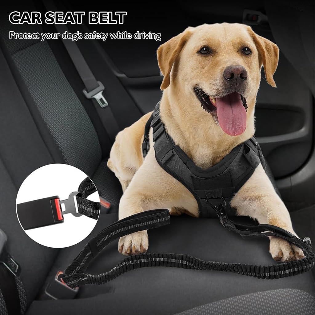 Qpets Tactical Dog Belt Seat Belt, Adjustable Dog Leash with Car Seat Belt Buckle, Safety Dog Seatbelts with 2 Control Handles, Elastic Dog Harness for Medium Large Dog, Reflective(Black)