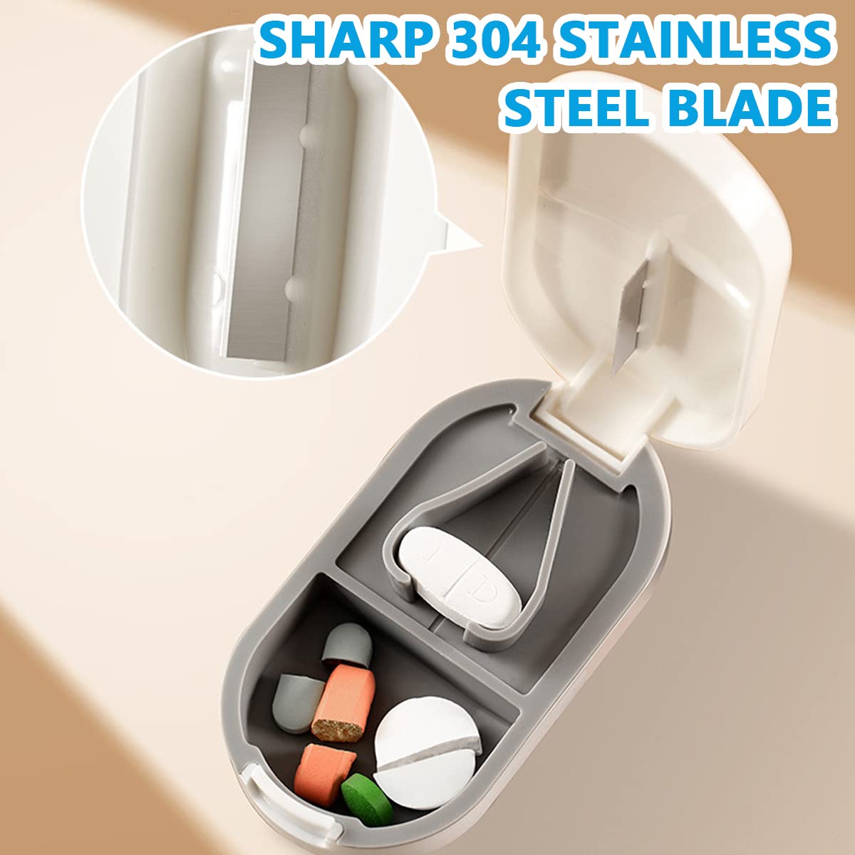 HANNEA Portable Pill Box Tablets Cutter, Medicine Organizer Box with Pill Cutter for Small and Large Tablets 2 in 1 Pill Storage Organizer with Tablet Cutter for Daily Use, Travel