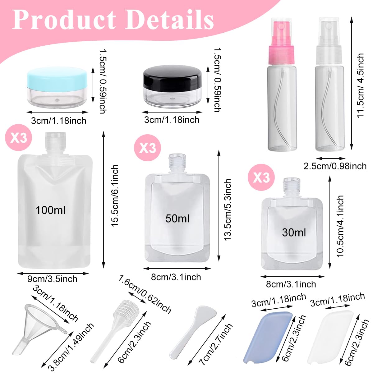 MAYCREATE Travel Pouch for Toiletries Empty Travel Toiletries Bottle Set of 18Pcs 30/50/100ml Stand Up Pouches Cream Jar Travel Accessories Portable Bottle for Travelling Kit for Shampoo Lotion Soap