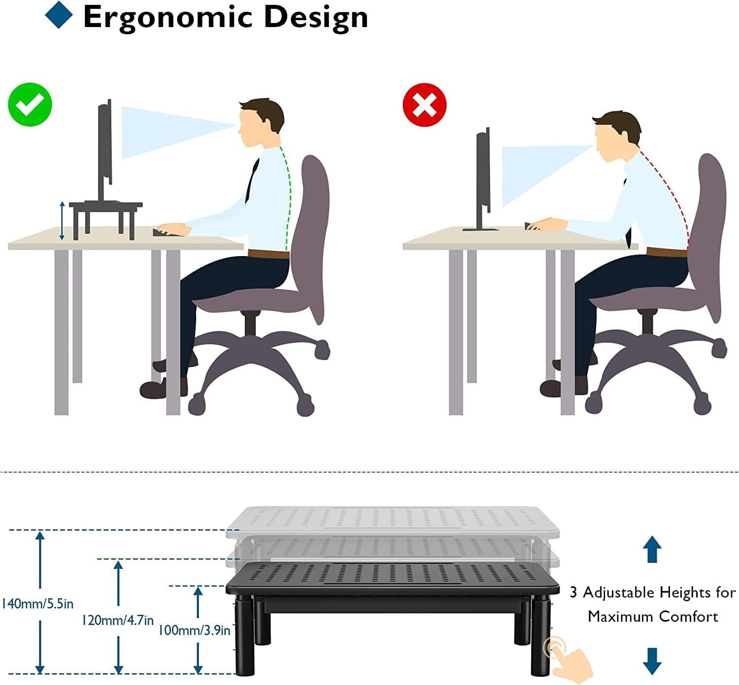 ZORBES Monitor Stand for Desk 3 Height Adjustable Monitor Stand with Drawer, Monitor Stand for Table, Desktop Monitor Riser for Computer, Laptop, Notebook, Printer, Load Up to 40LBS /18KG