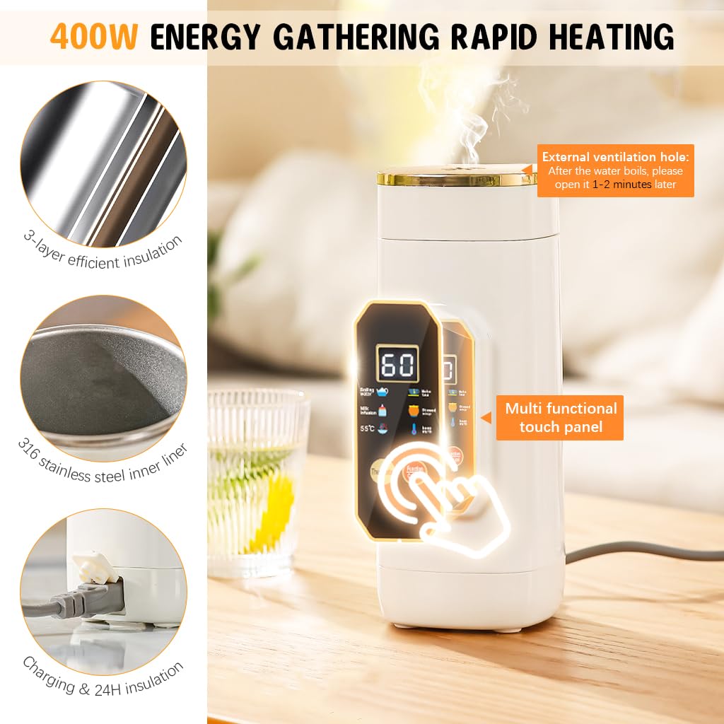 Supvox 650ml Electric Kettle with 6 Preset Modes Thermal Water Bottle Stainless Steel Liner LCD Temperature Display Travel Electric Kettle Multipurpose Travel Electric Thermal Kettle with Lanyard