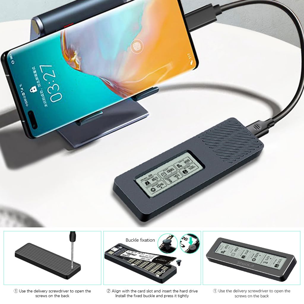 ZORBES Aluminum M.2 Nvme SATA SSD Enclosure with LCD Display USB 3.2 Gen 2 10Gbps M.2 NVMe SSD Enclosure NVME PCI-E M-Key External SSD Enclosure Support UASP Trim for NVMe SATA SSD 2230/2242/2260/2280