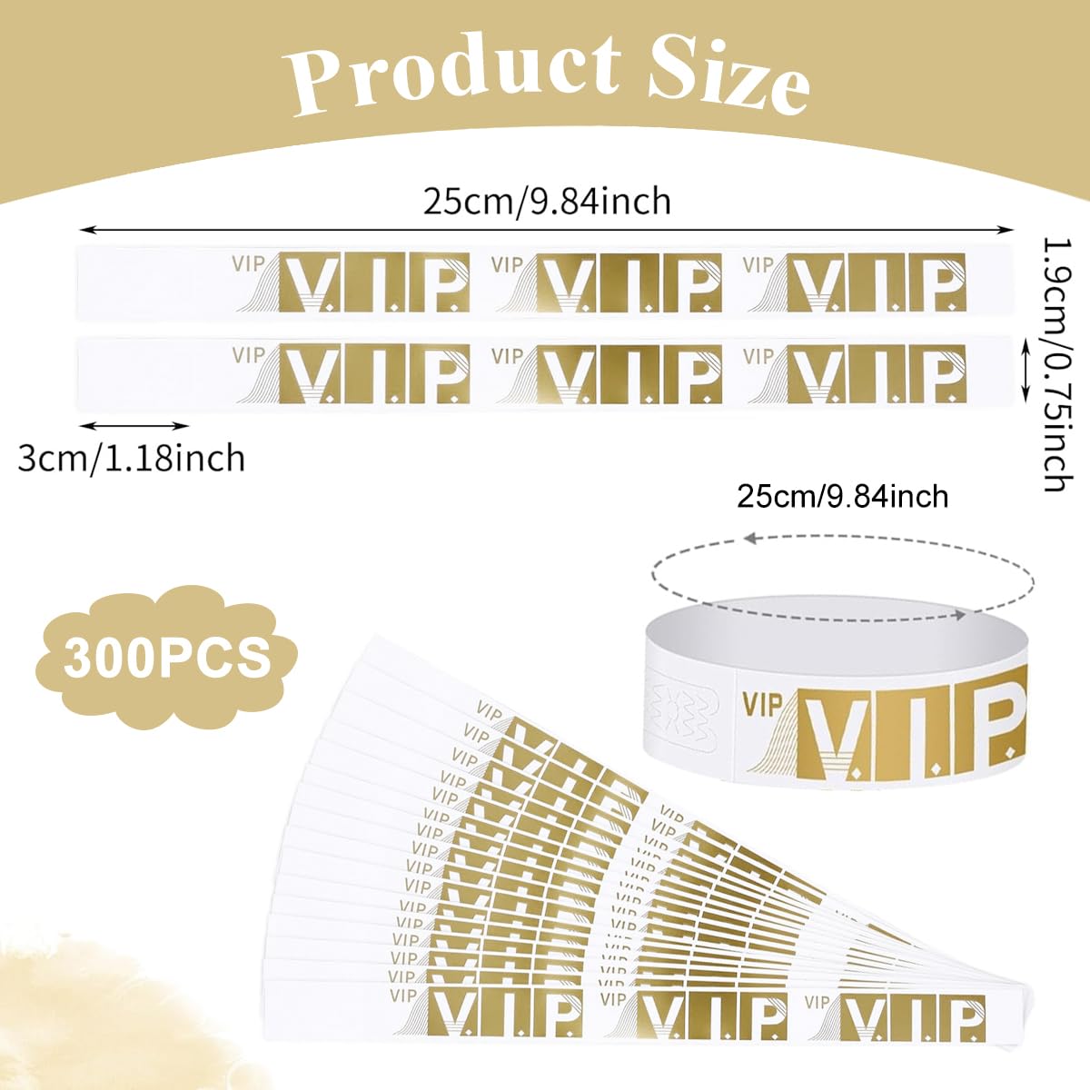 HASTHIP 300 Pcs VIP Wristbands for Customers Waterproof Paper Bracelets Lightweight Event Wristbands for Party Concert Club Amusement Park Festivals, Gold