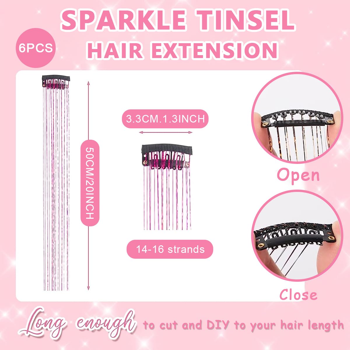 MAYCREATE 6pcs Hair Tinsel Clip-in Glitter Hair Extensions for Women, 20.5in Pink Shiny Tinsel Strands, Heat Resistant Fairy Sparkle Hair Accessories for Girls Kids Festival Cosplay Party Gift