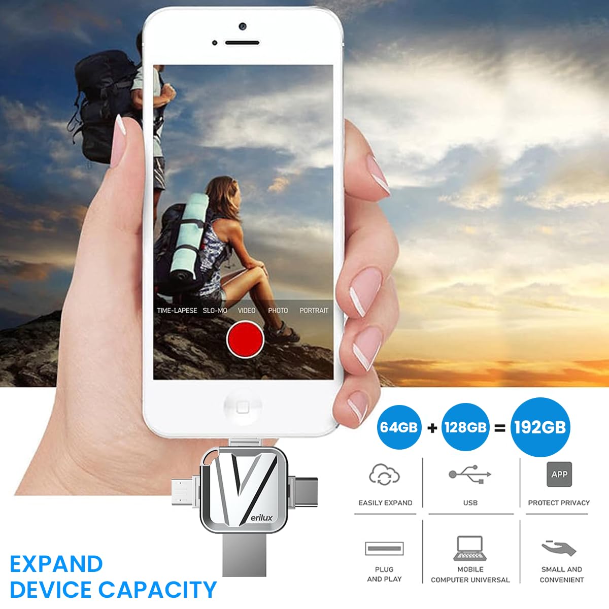 Verilux Pendrive 128GB 4 in 1 Flash Drive with Light-ning, Micro USB, USB A, Type-C Interface - High Speed Mini Hangable Pen Drive for iOS & Android, 128GB Storage Capacity - Premium Metal Texture