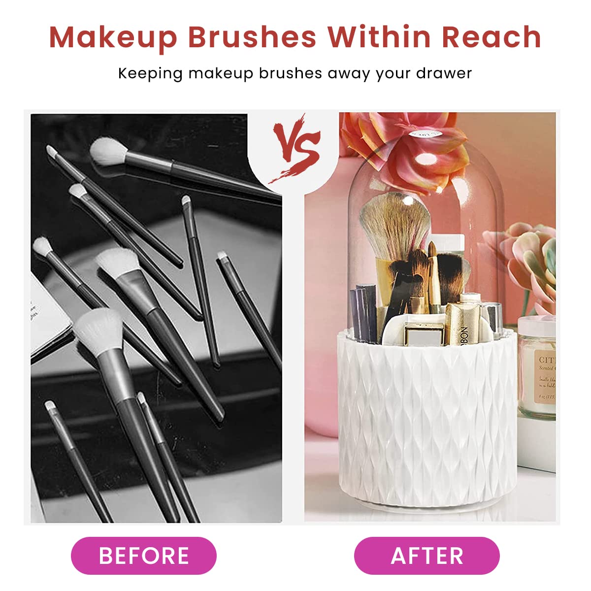 MAYCREATE Makeup Brush Holder Organizer With Lid, 360° Rotatable 4-Grid Cosmetic Makeup Brushes Storage Case Stand For Vanity Or Bathroom - Dustproof & Waterproof, White, Plastic