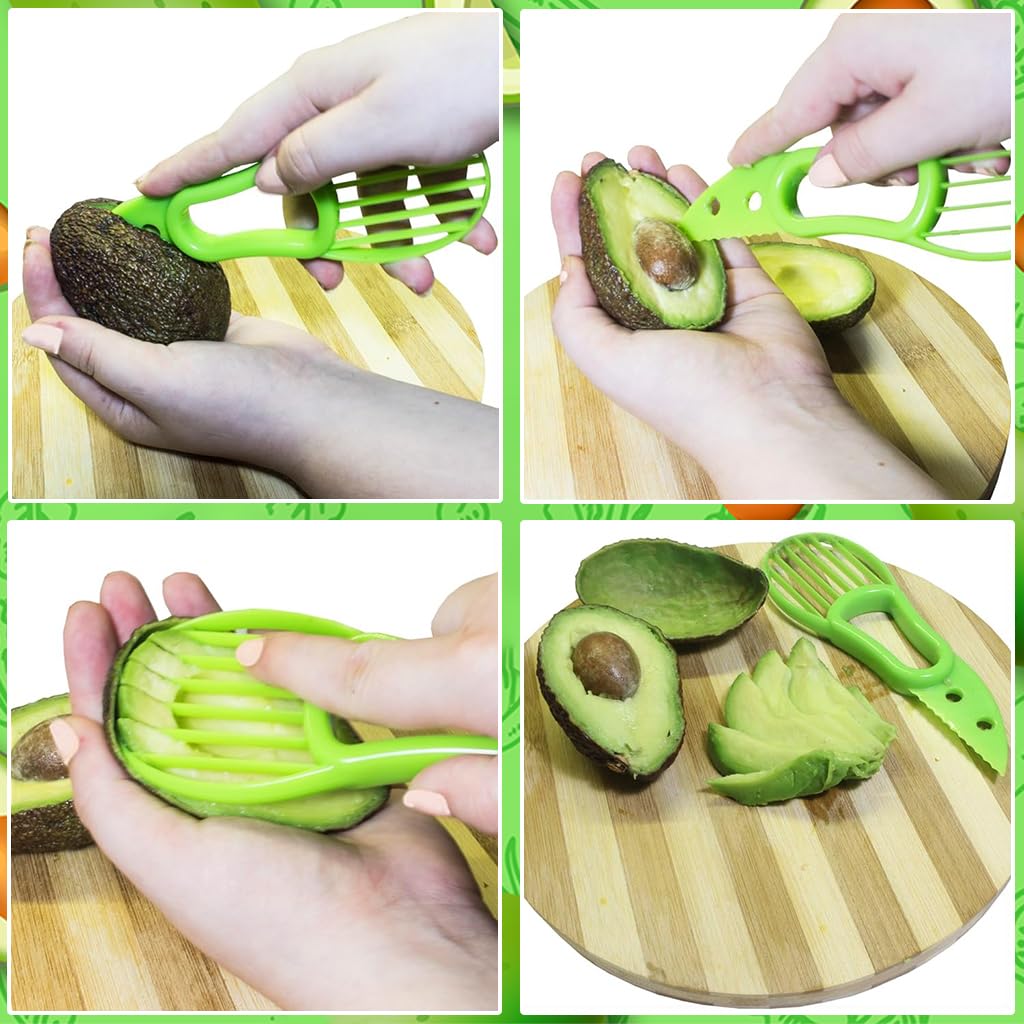 Supvox 2Pcs Avocado Slicer Cutter Tool, 3 in 1 Avocado Peeler, Green Avocado Cutter and Scooper for Fruits Vegetable - Peel Avocado Slicer Pitter - Plastic Avocado Knife