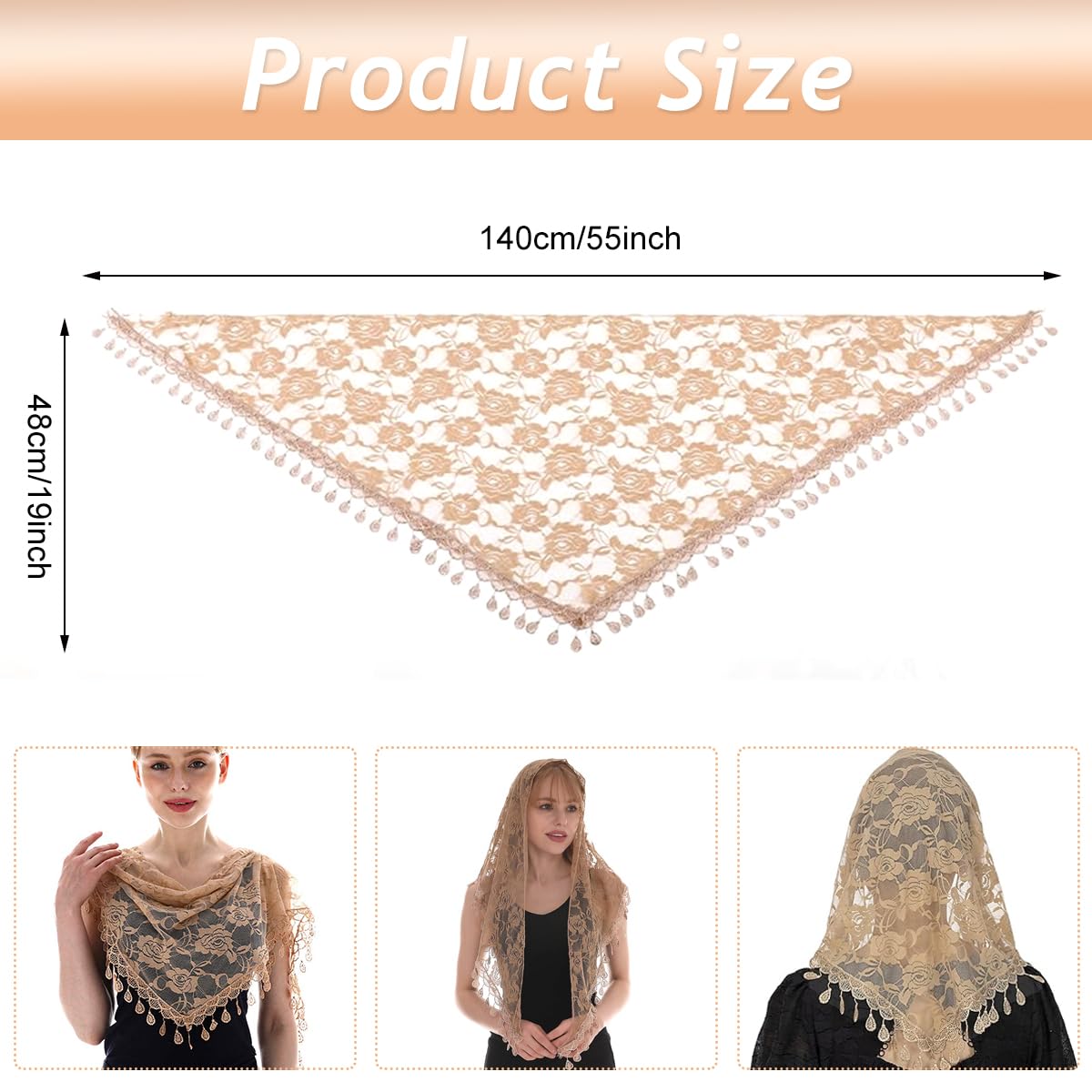 PALAY Mass Veil for Women, Triangle Chapel Mantilla Lace Veil Shawl, Embroidery Rose Tassle Head Scarf Covering, Ladies Church Cathedral Headwear(Brown)