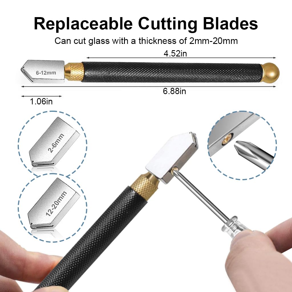 Serplex Glass Cutter Tool 2mm-20mm Manual Tile Cutter with 3 Cutter Bit Glass Cutter with Screwdriver & Dripper Pencil Style Oil Feed Carbide Tip for Glass Cutting/Tiles/Glass