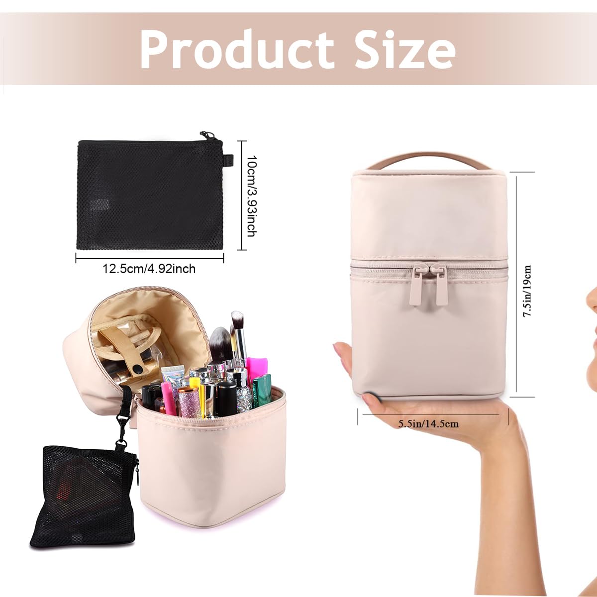 MAYCREATE Small Makeup Bag for Women, Travel Makeup Pouch, Zipper Makeup Organizer Bag, Portable Cosmetic Makeup Vanity Bag with Handle, Waterproof Vanity Box for Women - Pink